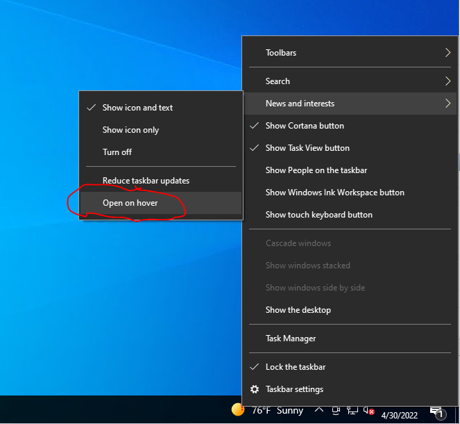 Picture showing Windows 10 taskbar settings