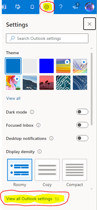 Exchange online showing settings menu