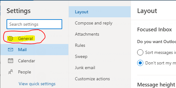 Outlook online Settings Menu