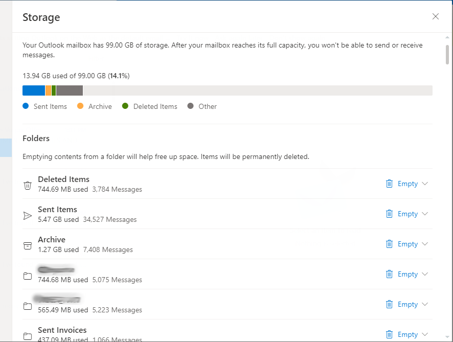 Exchange online showing the storage settings